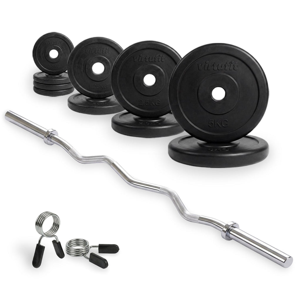 Kit d'Haltères en Caoutchouc VirtuFit - Barre EZ Curl - Collier à ressort - 30 mm - 25 kg - Tweedekans