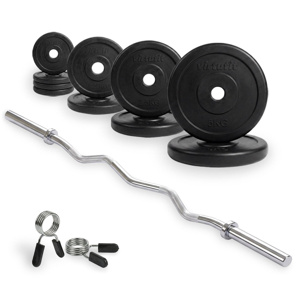 Kit d'Haltères en Caoutchouc VirtuFit - Barre EZ Curl - Collier à ressort - 30 mm - 25 kg - Tweedekans