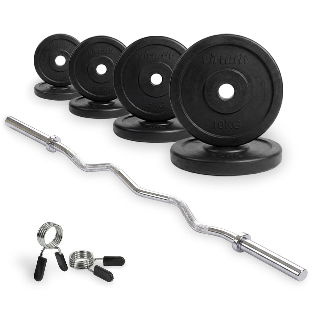 Kit d'Haltères en Caoutchouc VirtuFit - Barre EZ Curl - Collier à ressort - 30 mm - 43 kg