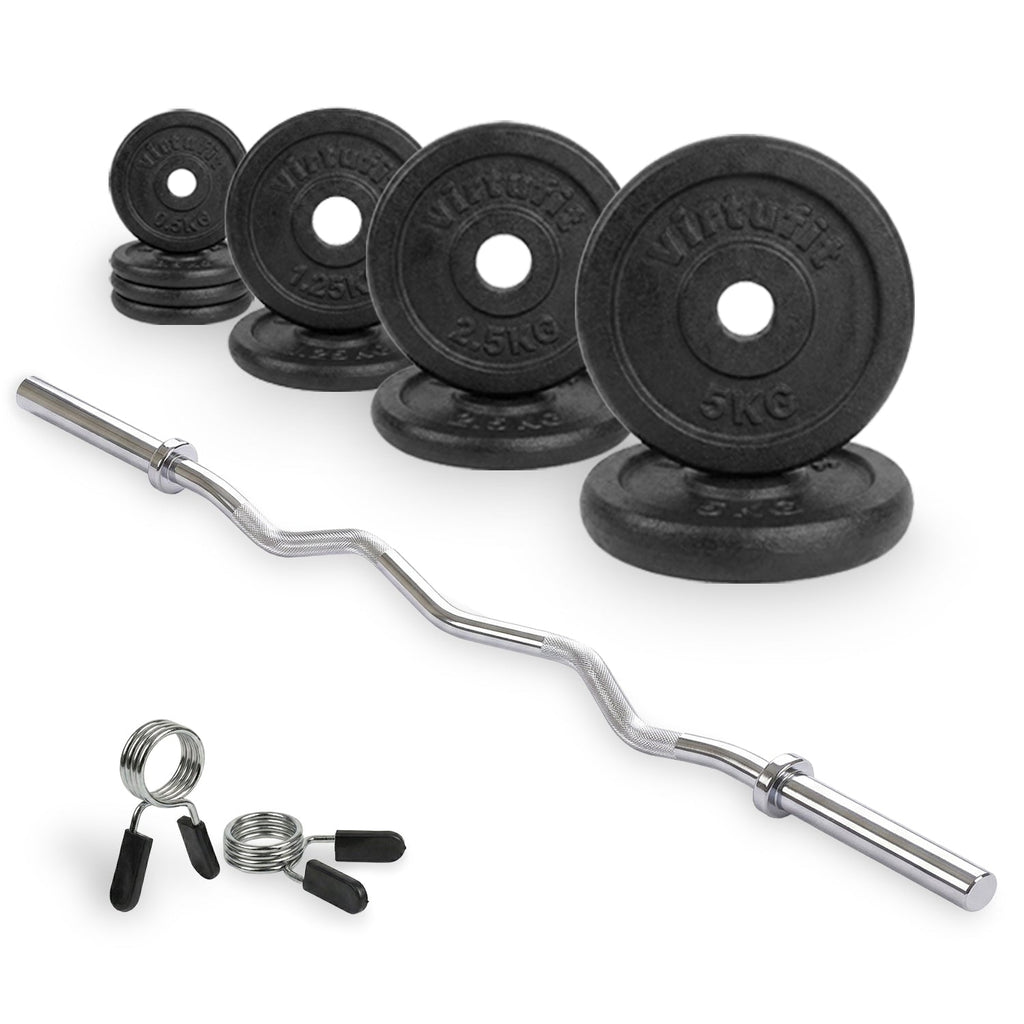 Kit d'Haltères en Fonte VirtuFit - Barre EZ Curl - Collier à ressort - 30 mm - 25 kg - Tweedekans