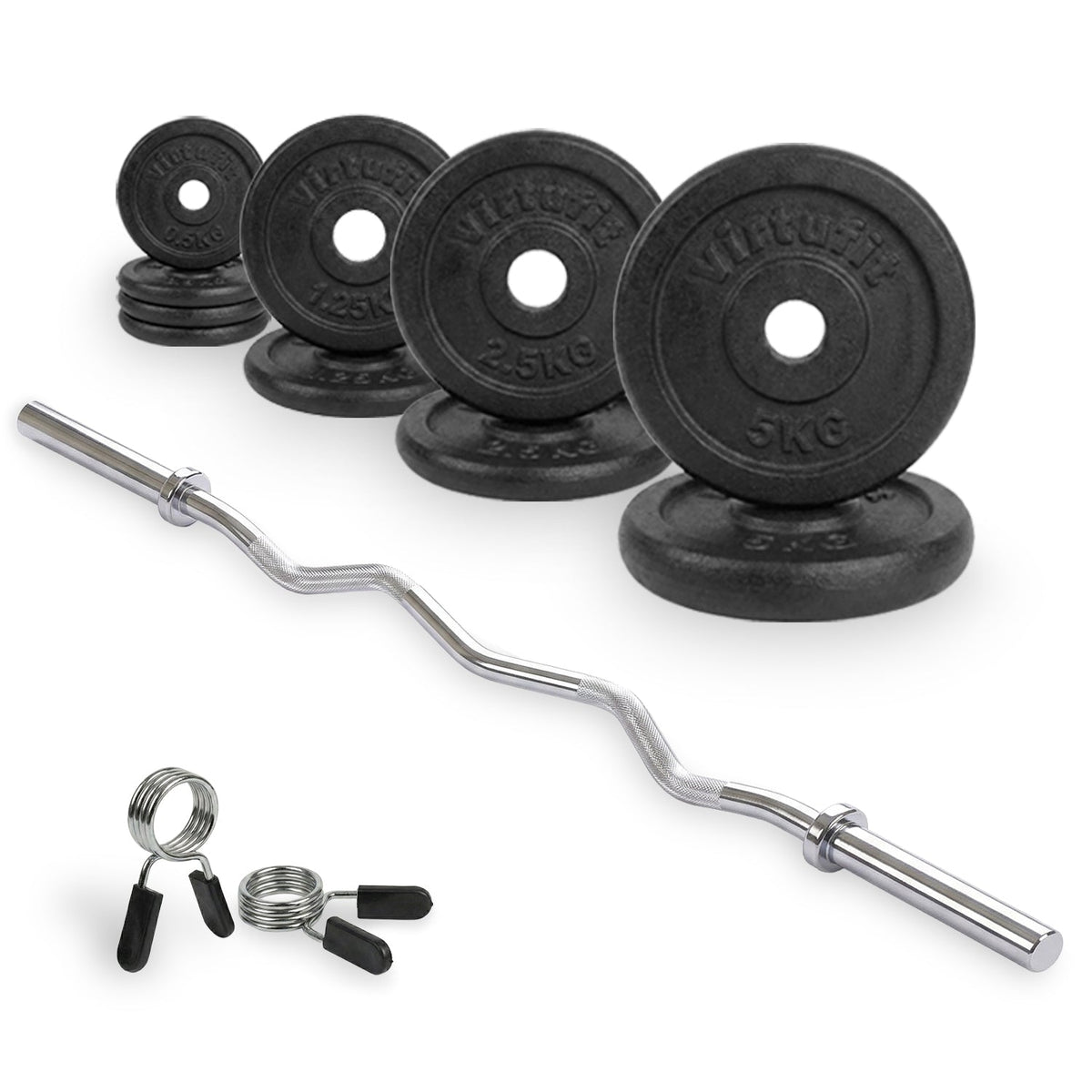 Kit d'Haltères en Fonte VirtuFit - Barre EZ Curl - Collier à ressort - 30 mm - 25 kg - Tweedekans