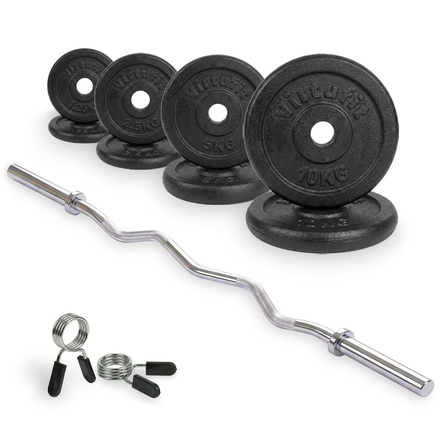 Kit d'Haltères en Fonte VirtuFit - Barre EZ Curl - Collier à ressort - 30 mm - 43 kg