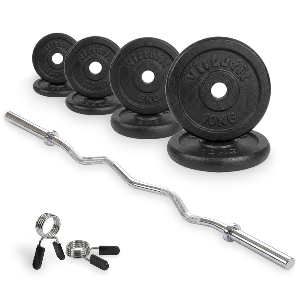 Kit d'Haltères en Fonte VirtuFit - Barre EZ Curl - Collier à ressort - 30 mm - 43 kg - Tweedekans