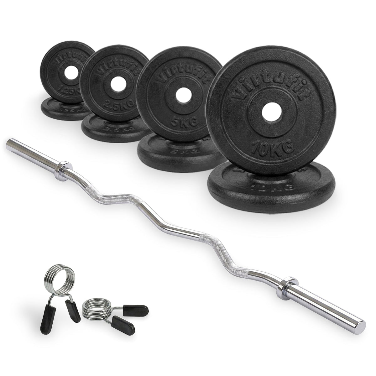 Kit d'Haltères en Fonte VirtuFit - Barre EZ Curl - Collier à ressort - 30 mm - 43 kg - Tweedekans