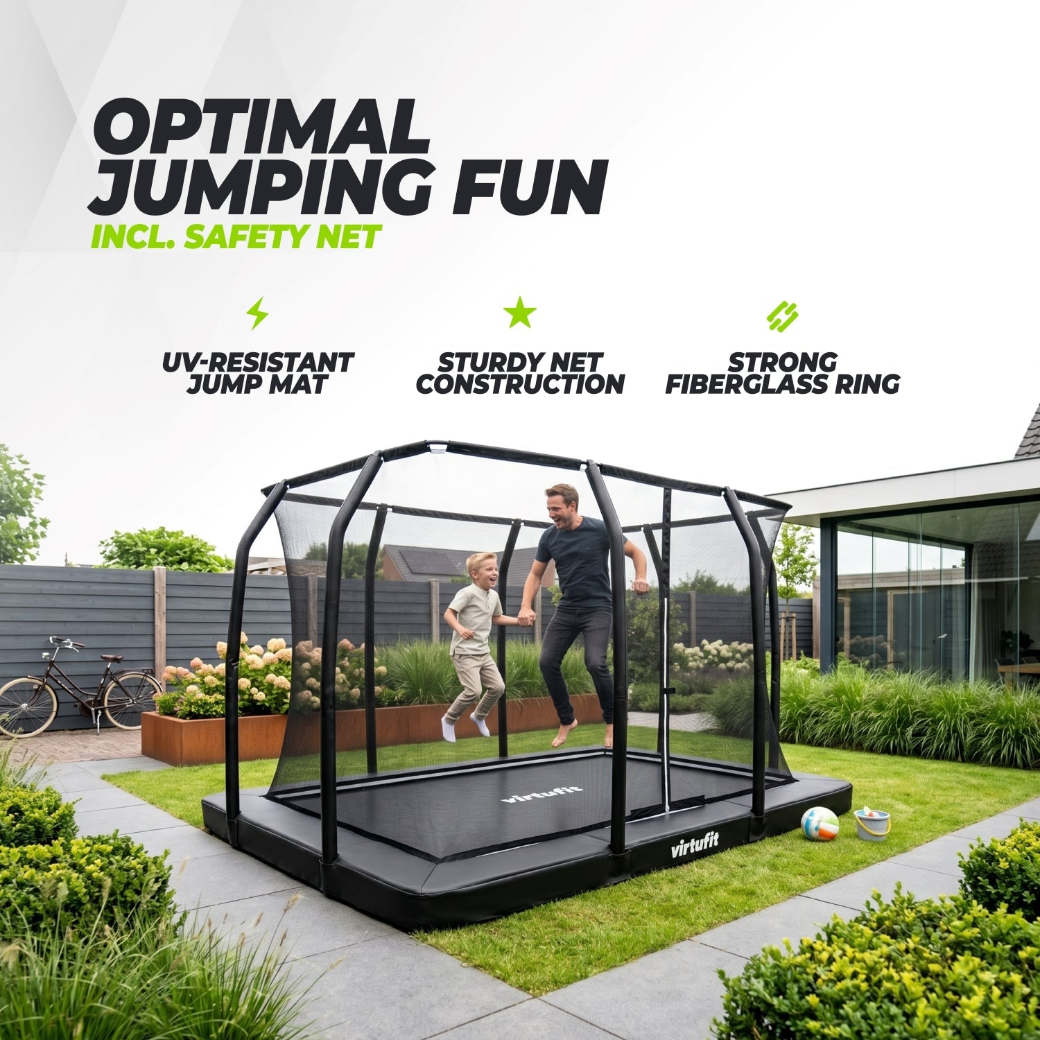 VirtuFit Premium Inground Trampoline avec Filet de Sécurité - Noir - 244 x 366 cm