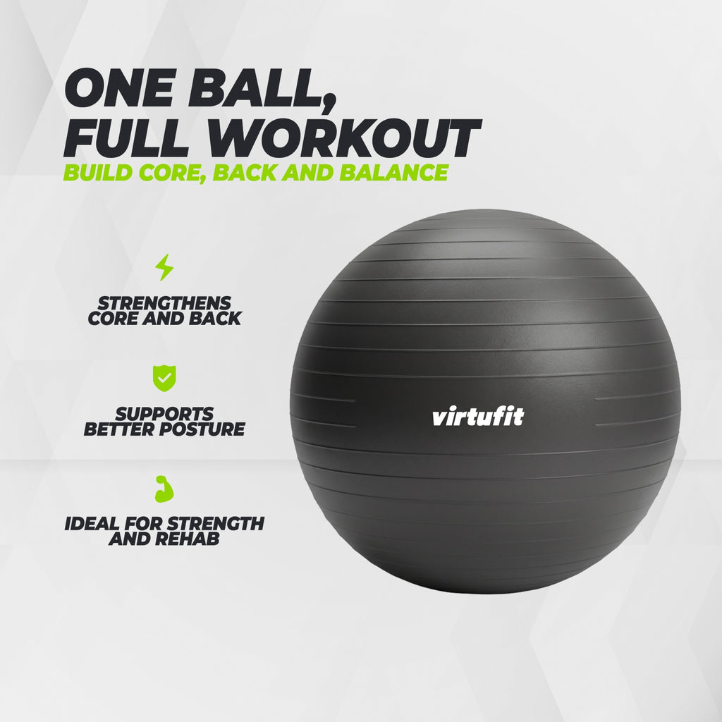 VirtuFit Anti-Burst Fitness Ball Pro – Avec Pompe – Noir – 65 cm