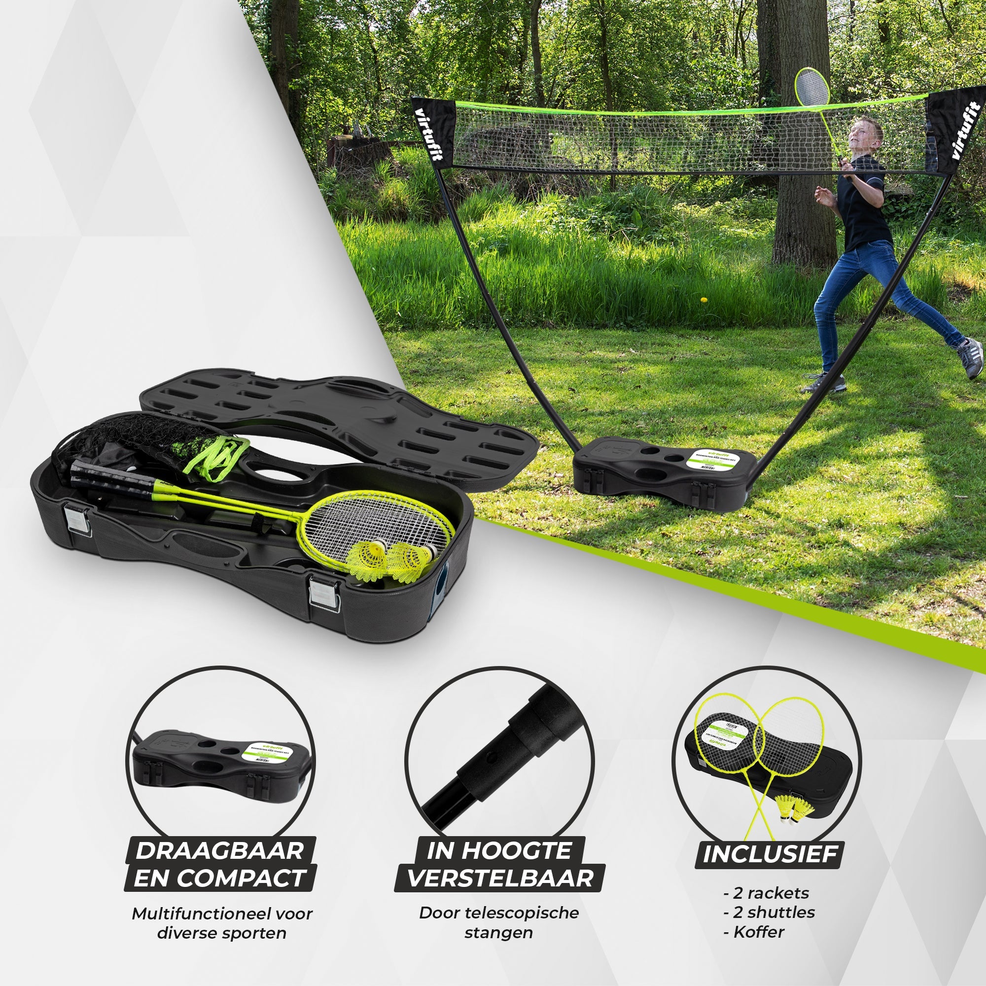 VirtuFit 2-en-1 Portable Badminton et Tennis Set - Comprend un étui et des raquettes - Tweedekans