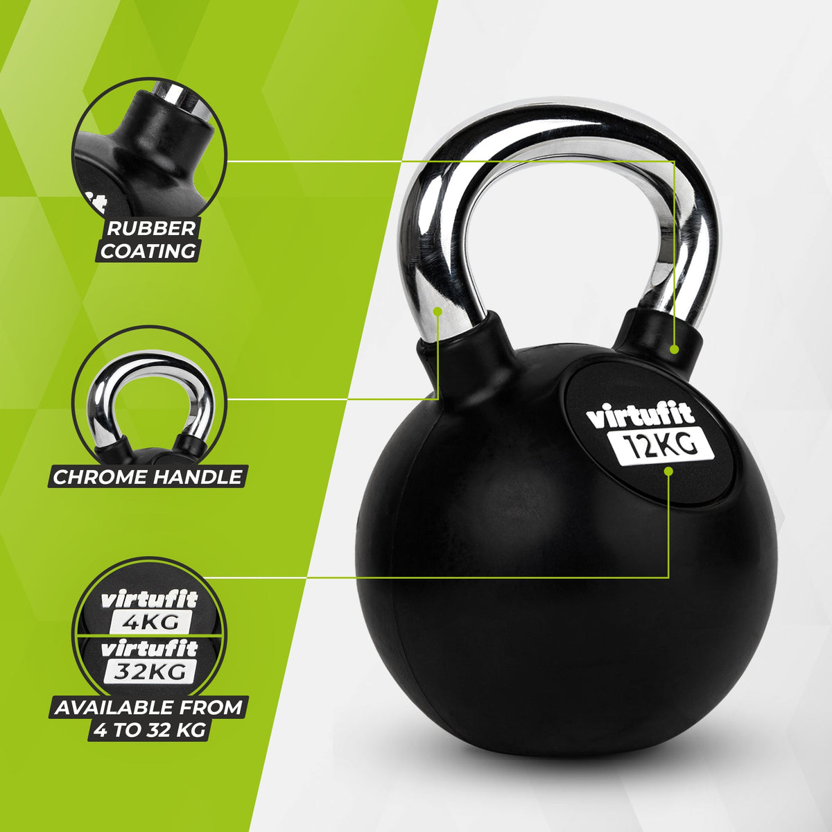 VirtuFit Kettlebell Pro - Caoutchouc - 12 kg - Tweedekans