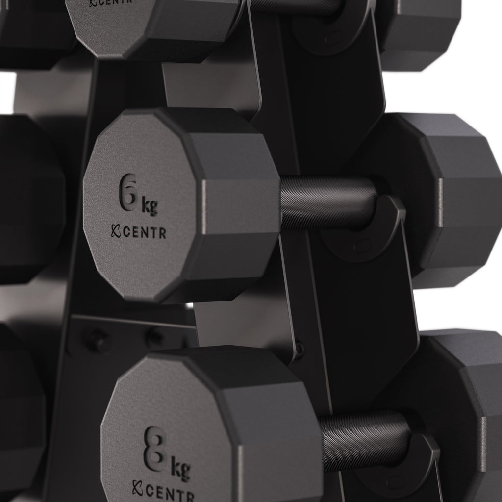 Centr Dumbbell Tower avec set d’haltères 12 pièces - 4 à 14 kg