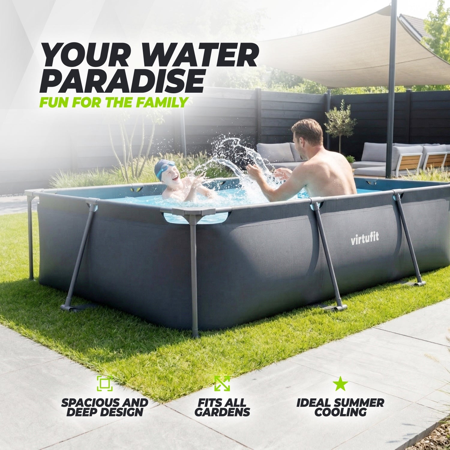 Piscine Rectangulaire VirtuFit - 300 x 210 x 66 cm - Anthracite - Inclut une Pompe de Filtration