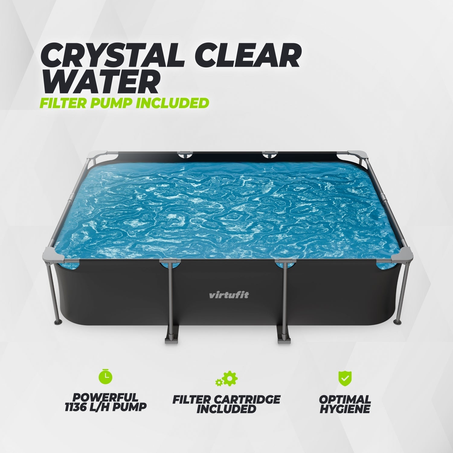 Piscine Rectangulaire VirtuFit - 300 x 210 x 66 cm - Anthracite - Inclut une Pompe de Filtration