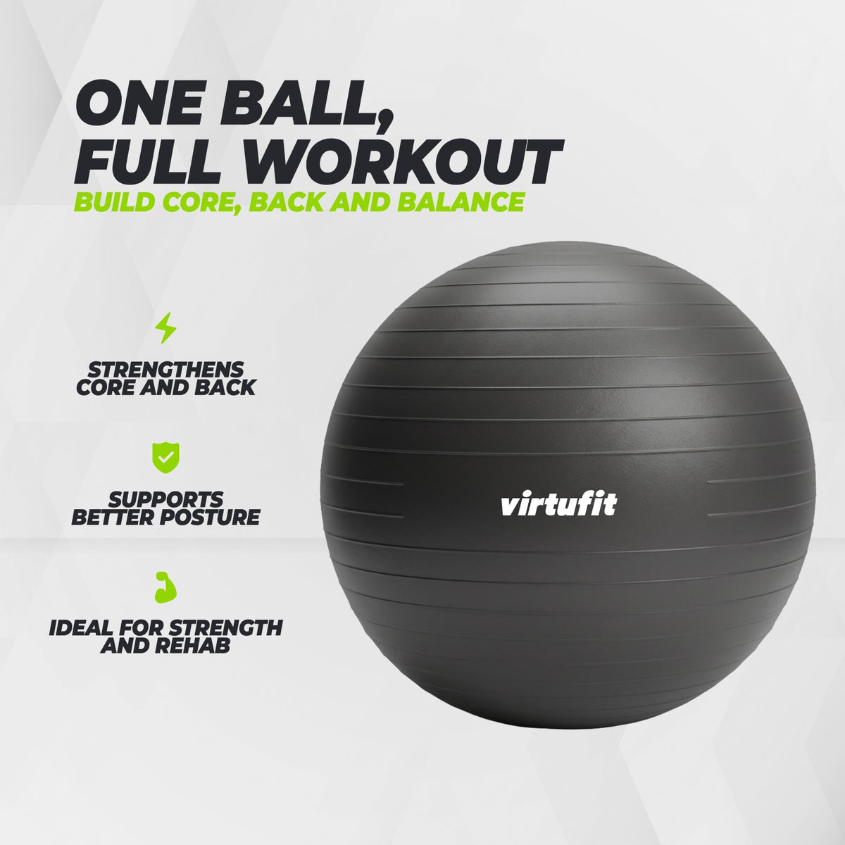 VirtuFit Anti-Burst Fitness Ball Pro - Avec Pompe - Noir - 75 cm