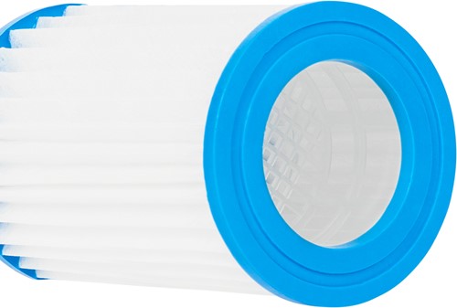 Zijaanzicht van de cilindrische witte VirtuFit filtercartridge met blauwe uiteinden voor een optimale zwembadreiniging
