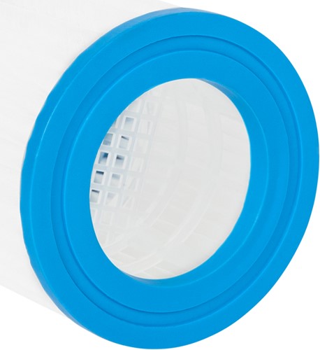 Detailopname van de blauwe rubberen ring en de interne structuur van de VirtuFit zwembad filtercartridge
