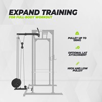 Infographic van de optionele Lat Attachment voor het VirtuFit PR100 Power Rack inclusief hoge en lage pulley met een belastbaarheid tot 150 kg.