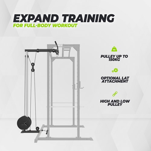 Infographic van de optionele Lat Attachment voor het VirtuFit PR100 Power Rack inclusief hoge en lage pulley met een belastbaarheid tot 150 kg.