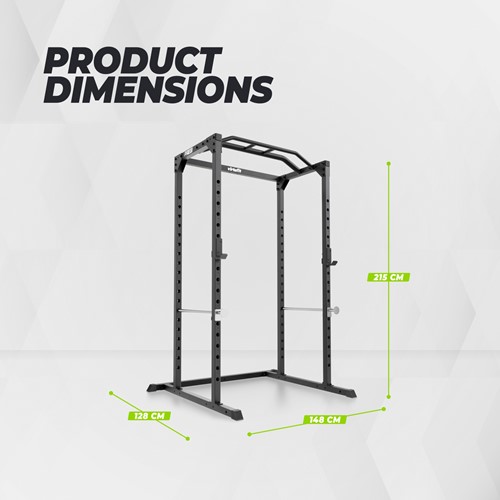 Infographic van het VirtuFit PR100 Power Rack met de exacte afmetingen van 215 cm hoog, 148 cm breed en 128 cm diep.