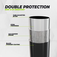 Infographic van de VirtuFit Premium Trampoline 305 cm met uitleg over de dubbele bescherming van het frame door galvanisatie en zwarte poedercoating.