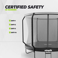 Overzicht van de gecertificeerde veiligheid en CE markering van de VirtuFit Premium Trampoline 305 cm inclusief het hoge kwaliteits veiligheidsnet.
