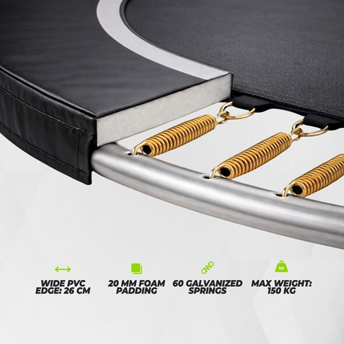 Detailopname van de VirtuFit Premium Trampoline 305 cm met 60 verzinkte veren een brede PVC rand en dikke foam padding voor extra veiligheid.
