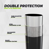 Infographic van de VirtuFit Premium Trampoline 366 cm met uitleg over het roestbestendige frame de zwarte poedercoating en staaldikte.