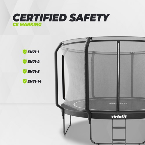 Overzicht van de gecertificeerde veiligheid en CE markering van de VirtuFit Premium Trampoline 366 cm inclusief het veiligheidsnet.