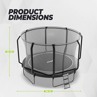 Infographic met de afmetingen van de VirtuFit Premium Trampoline 366 cm met een totale hoogte van 265 cm en een framehoogte van 85 cm.