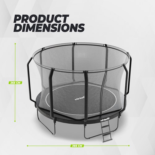 Infographic met de afmetingen van de VirtuFit Premium Trampoline 366 cm met een totale hoogte van 265 cm en een framehoogte van 85 cm.
