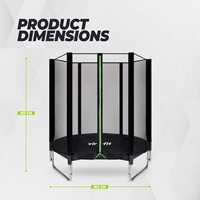 Overzicht van de afmetingen van de ronde VirtuFit trampoline met een diameter van 183 cm en een hoog veiligheidsnet.