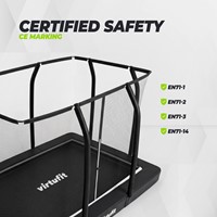 Infographic van de VirtuFit Premium Inground Trampoline met details over de gecertificeerde veiligheid en Europese EN71 keurmerken.
