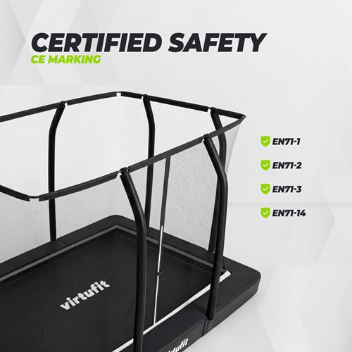 Infographic van de VirtuFit Premium Inground Trampoline met details over de gecertificeerde veiligheid en Europese EN71 keurmerken.