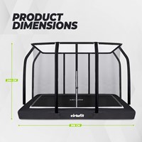 Infographic van de VirtuFit Premium Inground Trampoline 366 cm met productafmetingen en een totale hoogte van 244 cm inclusief veiligheidsnet.
