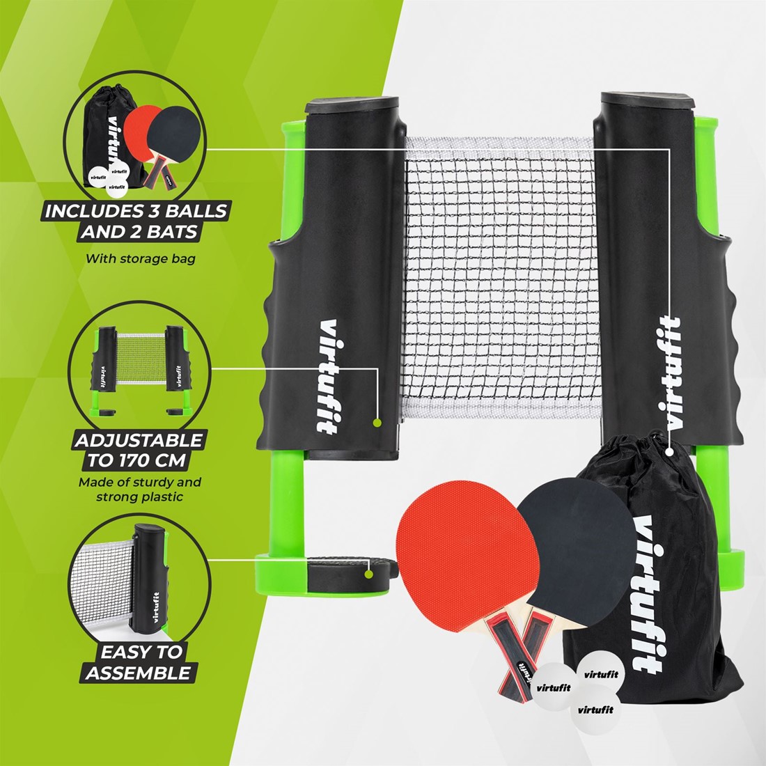 Ensemble de tennis de table ajustable VirtuFit - Avec battes et 3 balles
