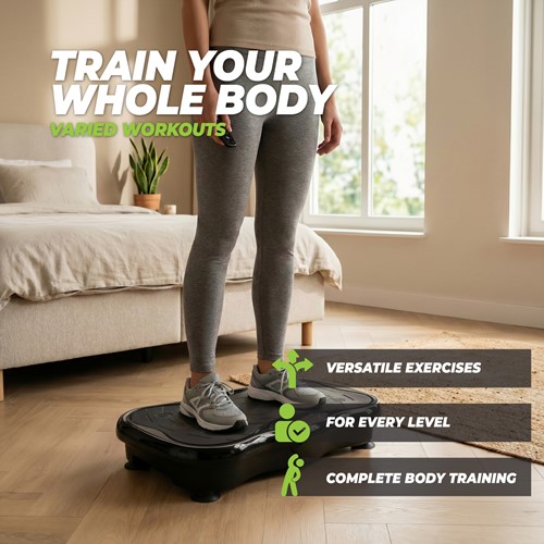 Lifestyle afbeelding van de zwarte VirtuFit Trilplaat voor een complete lichaamstraining in de slaapkamer.