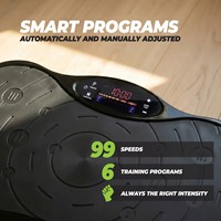 Infographic van de VirtuFit Trilplaat met details over de 99 snelheden en 6 verschillende trainingsprogramma's.