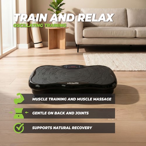 Lifestyle infographic van de VirtuFit Trilplaat die de voordelen voor spierherstel en gewrichtsvriendelijke training benadrukt.