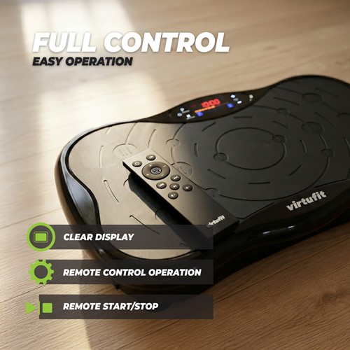 Detailopname van de VirtuFit Trilplaat met de bijbehorende afstandsbediening voor eenvoudige bediening tijdens de workout.