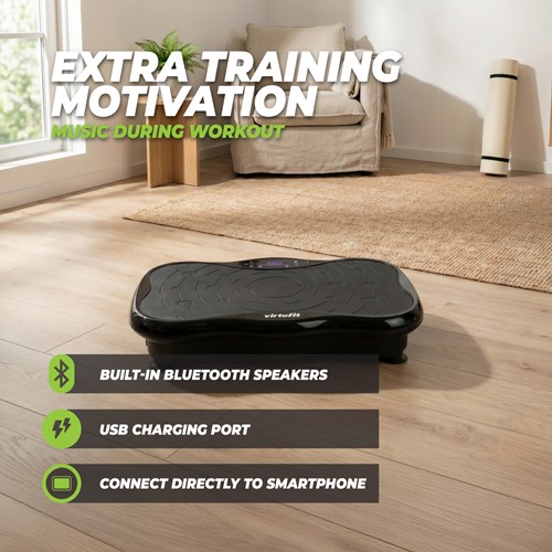 Lifestyle overzicht van de VirtuFit Trilplaat met ingebouwde Bluetooth speakers en USB oplaadpoort voor extra motivatie.