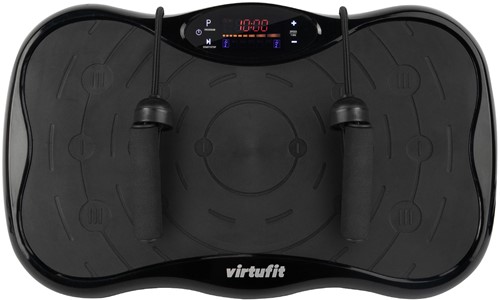 Bovenaanzicht van de VirtuFit Trilplaat inclusief de meegeleverde weerstandskabels voor een veelzijdige krachttraining.