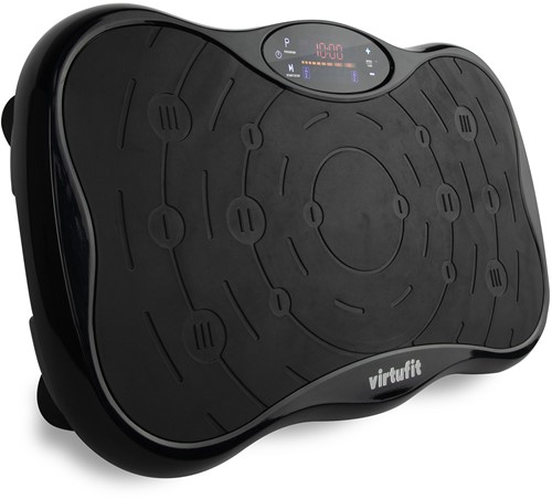 Zijaanzicht van de zwarte VirtuFit Trilplaat met een duidelijk zicht op het slanke profiel en de stabiele constructie.