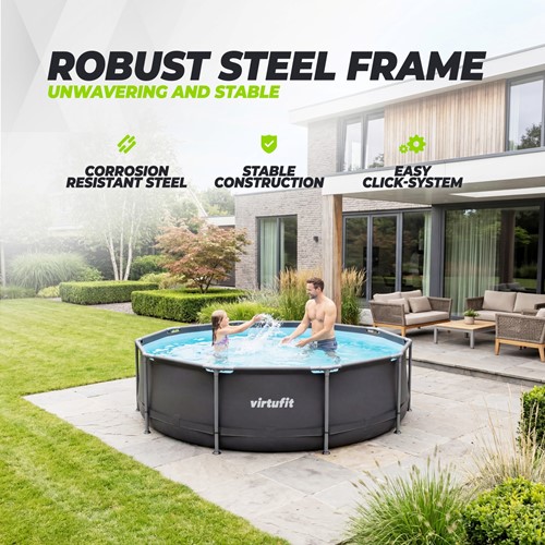 Lifestyle afbeelding van het ronde VirtuFit Zwembad 244 antraciet in een moderne tuin. Deze infographic toont het robuuste stalen frame dat zorgt voor een stabiele constructie met een eenvoudig kliksy