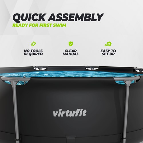 Vooraanzicht van de rand van het ronde VirtuFit Zwembad 244 antraciet. De infographic benadrukt de snelle montage zonder gereedschap dankzij het makkelijke ontwerp en de bijgeleverde duidelijke handle