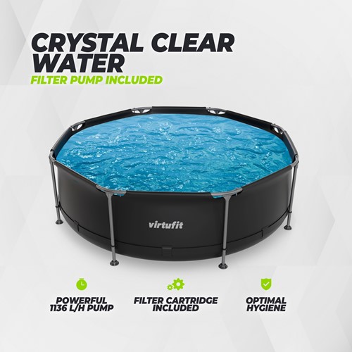 Vooraanzicht van het met water gevulde VirtuFit Zwembad 244 antraciet. Deze afbeelding laat zien dat het model geleverd wordt inclusief krachtige pomp van 1136 liter per uur met cartridge voor optimal