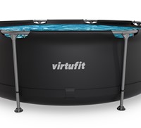 Vooraanzicht van het ronde VirtuFit opzetzwembad met grijs frame en zwarte zijwanden.