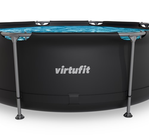 Vooraanzicht van het ronde VirtuFit opzetzwembad met grijs frame en zwarte zijwanden.
