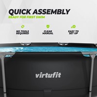 Vooraanzicht van de rand van het ronde VirtuFit Zwembad 305 x 76 cm antraciet. De infographic benadrukt de snelle montage zonder gereedschap dankzij het makkelijke ontwerp en de bijgeleverde duidelijk