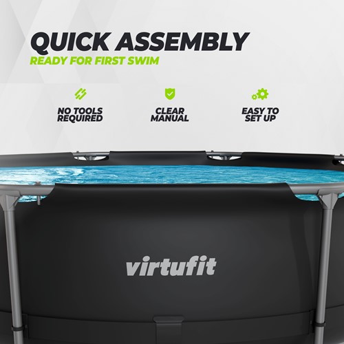 Vooraanzicht van de rand van het ronde VirtuFit Zwembad 305 x 76 cm antraciet. De infographic benadrukt de snelle montage zonder gereedschap dankzij het makkelijke ontwerp en de bijgeleverde duidelijk