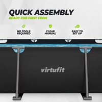 Vooraanzicht van de rand van het rechthoekige VirtuFit Zwembad 300x210 antraciet. De infographic benadrukt de snelle montage zonder gereedschap dankzij het makkelijke ontwerp en de bijgeleverde duidel