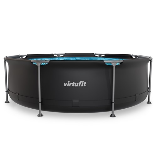 Vooraanzicht van het compacte VirtuFit opzet zwembad in antraciet uitvoering met een stevig metalen frame.