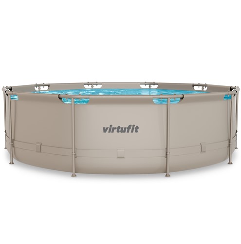 Vooraanzicht van het VirtuFit Rond Frame Zwembad 366 cm op een witte achtergrond ter verduidelijking van het beige frame en stevige materiaal.
